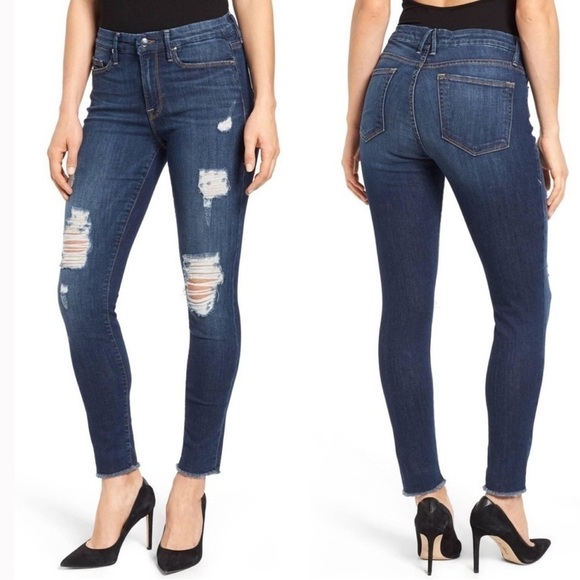 Good American Good Legs Distressed Skiny Jeans in Blue003 Sz 0/25 - Picture 1 of 7